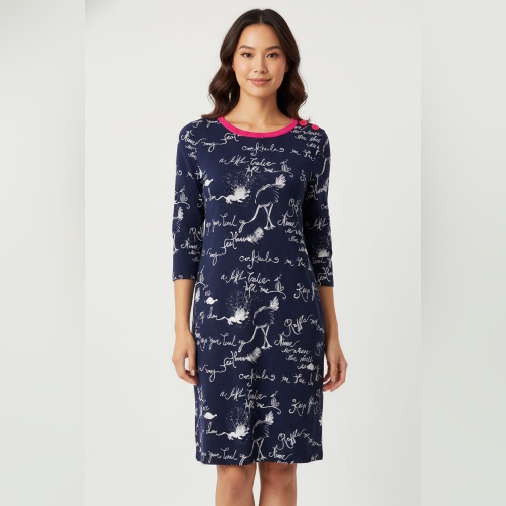 LILY PULITZER NAVY BLUE/PINK RUFFLE MY FEATHER SCRIPT‎ PRINT KNEE LENGTH DRESS
